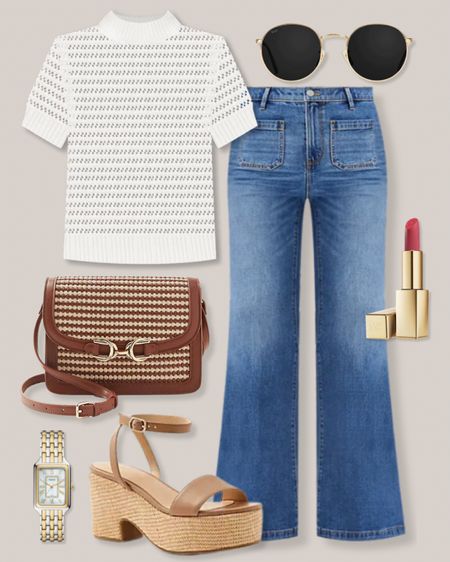Short sleeve sweater
White top
High waisted jeans
Gold sunglasses
Pink lipstick
Brown crossbody bag
Summer bag
Platform sandals
Wedge sandals
Gold and silver watch
Ann Taylor outfit
Summer outfit
Casual outfit

#LTKSaleAlert #LTKWorkwear #LTKStyleTip