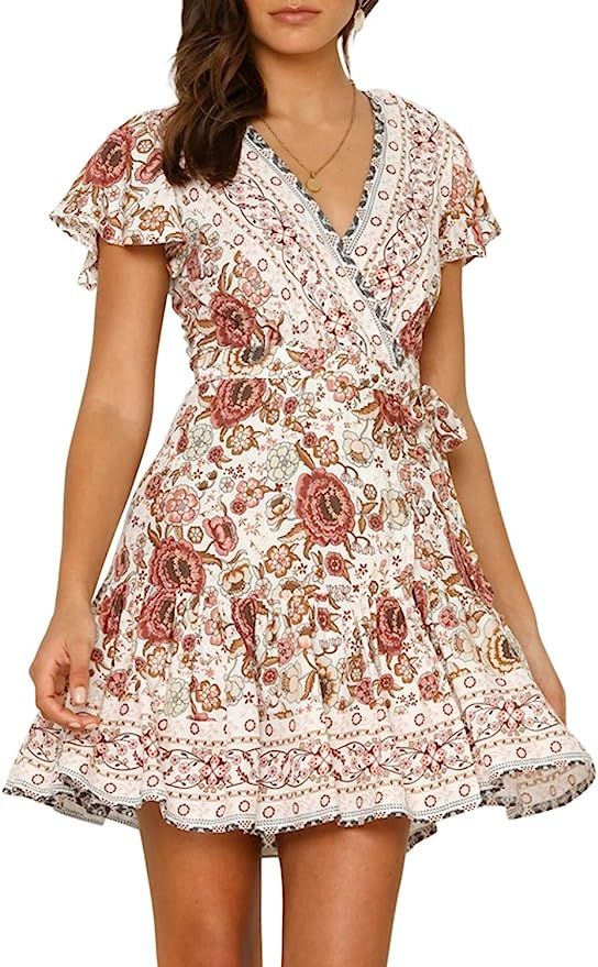 ZESICA Women’s Summer Wrap V Neck Bohemian Floral Print Ruffle Swing A Line Beach Mini Dress | Amazon (US)