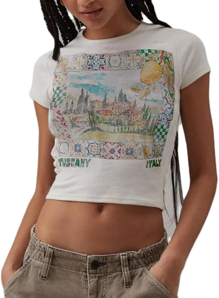 Y2k Graphic Baby Tees Women Teen Girl Fruit Print Crop Top Short Sleeve Slim Fit Vintage Aestheti... | Amazon (US)