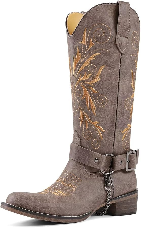 Cowboy Boots Embroidered Mid Calf Removable Belt Low Block Heel Round Toe Western Boots | Amazon (US)