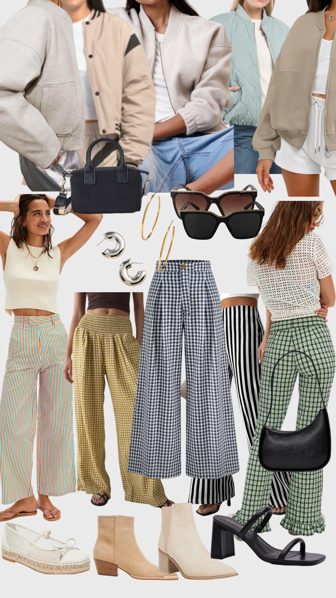 Spring style! Affordable wide leg gingham checked striped pants trousers 
Large Gold small silver hoops 
Classic sunglasses 
Bomber jackets for spring 
Tan booties 


#LTKSpringSale #LTKSeasonal #LTKItBag
