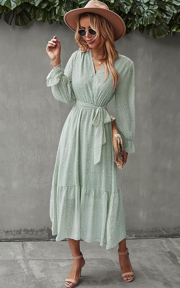 Angashion Women’s Dresses Short Sleeve Wrap V Neck Ruffle Floral Printed Midi Dress with Belt | Amazon (US)