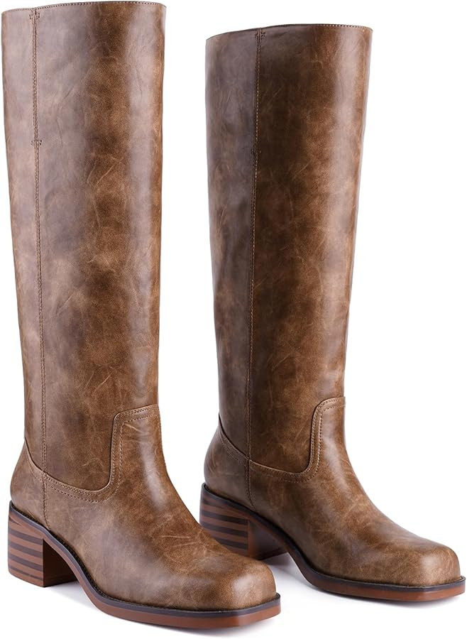 Banana Knee High Boots for Women Square Toe Chunky Block Heel Riding Boots Comfortable Low Heel C... | Amazon (US)