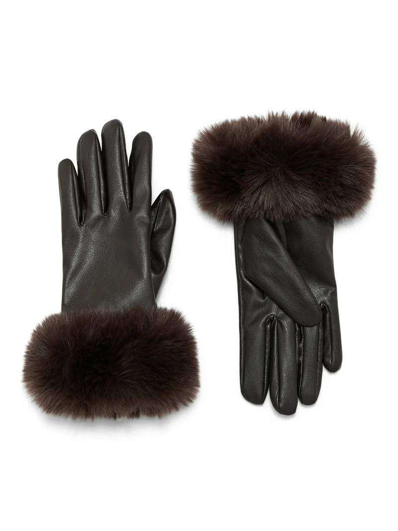 Time and Tru Faux Fur Cuffs Leather Gloves | Walmart (US)
