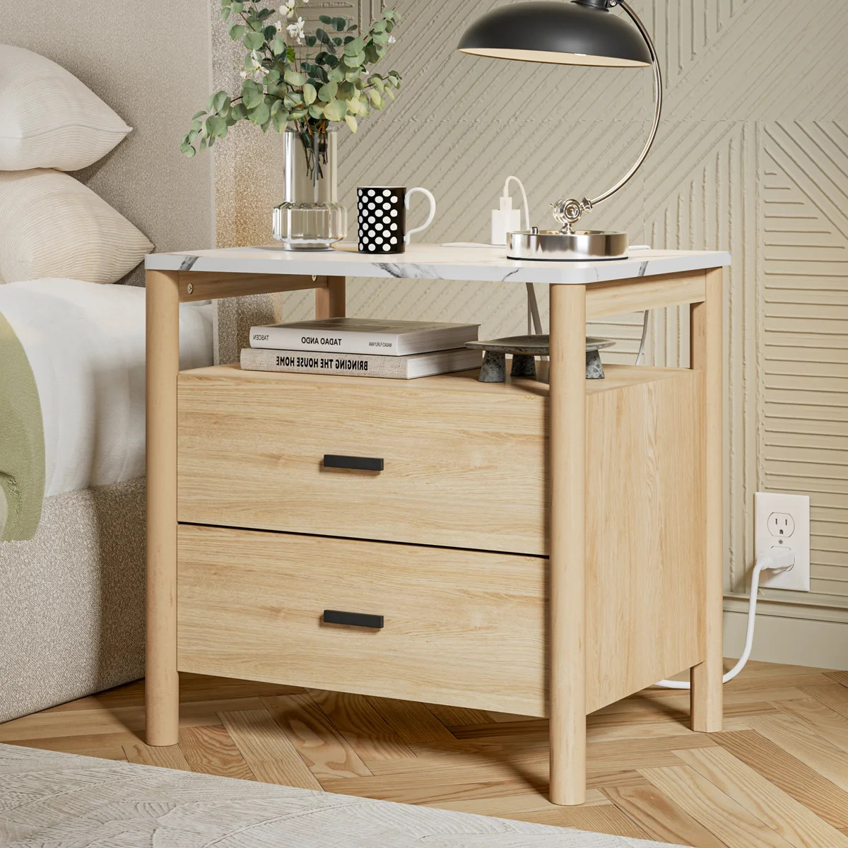 24" Large Nightstand with Charging Station, Solid Round Post Legs, 2 Drawers End Table with Open ... | Wayfair North America