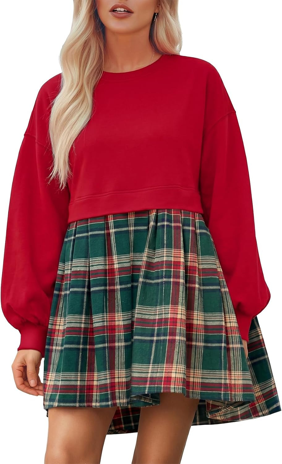 BLENCOT Womens Fall Dresses Plaid Patchwork Babydoll Long Sleeve Dress | Amazon (US)