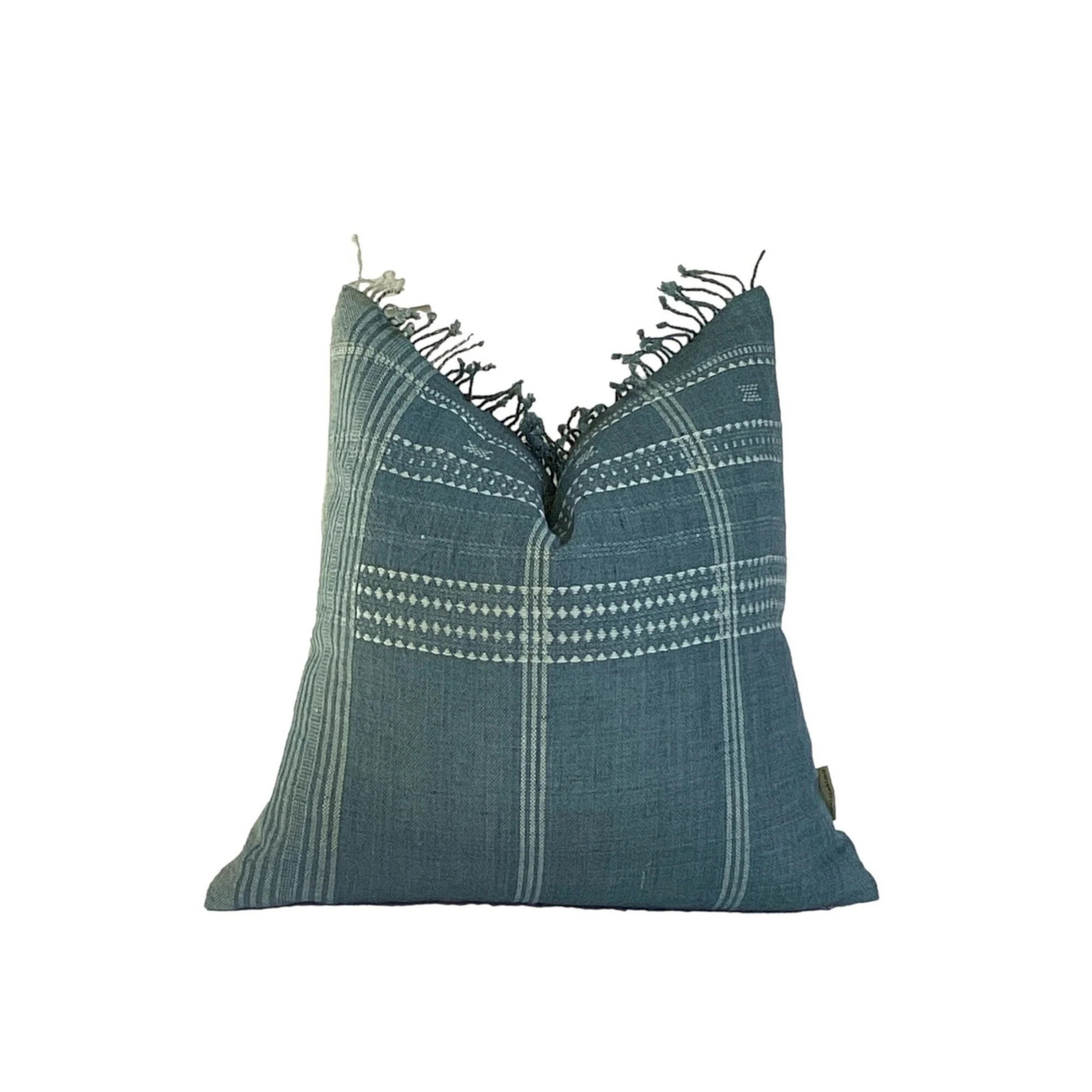 Anvi | Denim Blue Handwoven Fringed Bhujodi Pillow Cover, Indian Wool Pillow, India Shawl Pillow ... | Etsy (US)