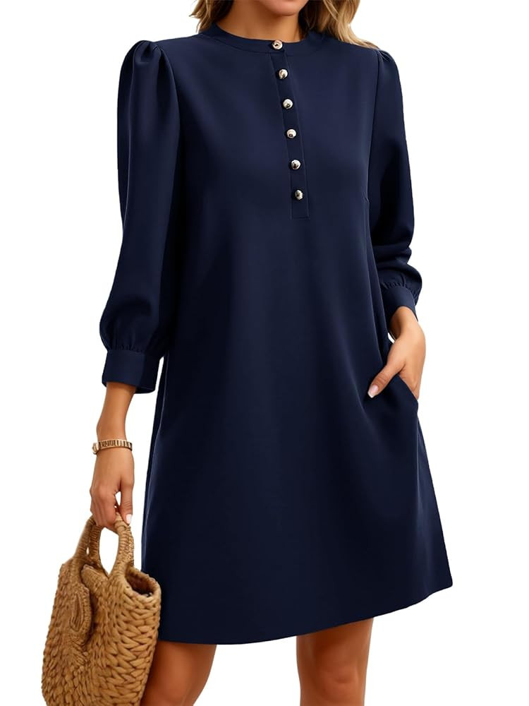 Wenrine Womens 3/4 Puff Sleeve Mini Dress Button Crewneck Elegant Casual Business Shift Dresses 2... | Amazon (US)