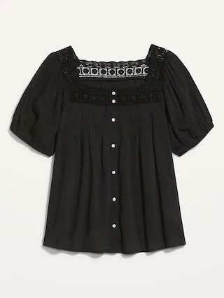 Puff-Sleeve Crochet-Trimmed Pintucked Swing Blouse for Women | Old Navy (US)