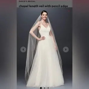NWT, DAVID'S BRIDAL, white chapel length veil with pencil edge | Poshmark