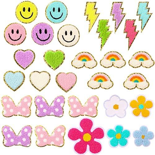 30Pcs Chenille Applique Patches Colorful Kids Iron on Patches Chenille Rainbow Smile Flower Knee ... | Amazon (US)