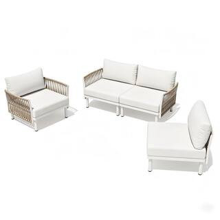 4-Piece Aluminum Outdoor Sectional Sofa Set with Beige Cushions Modular Sectional with Removable Wicker Armrest Backrest | The Home Depot