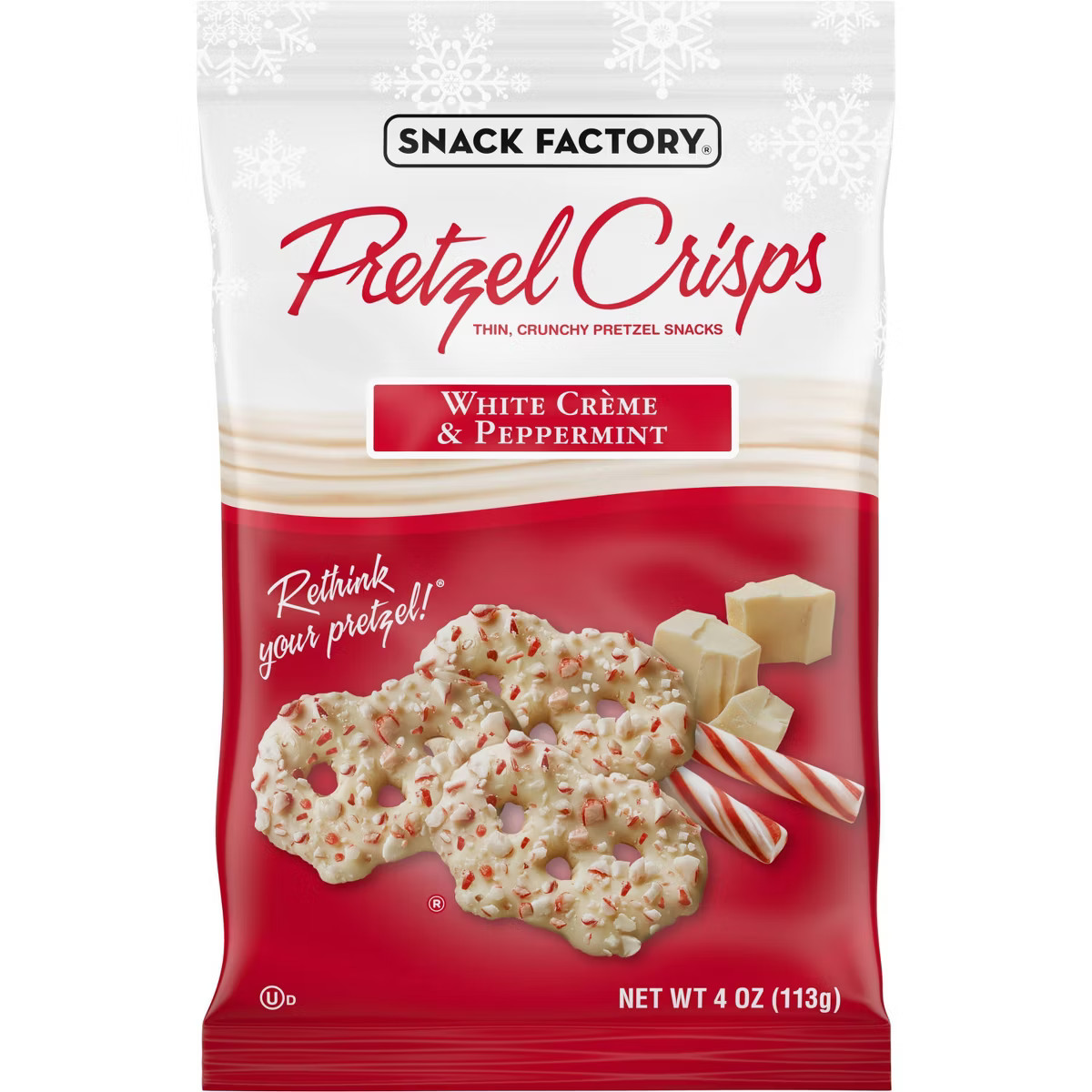 Snack Factory Pretzel Crisps Christmas White Crème and Peppermint Covered Pretzels - 4oz | Target