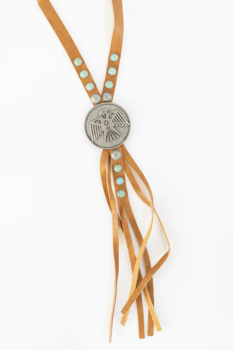 Western Tan Leather Lariat Thunderbird Necklace | Flea Style