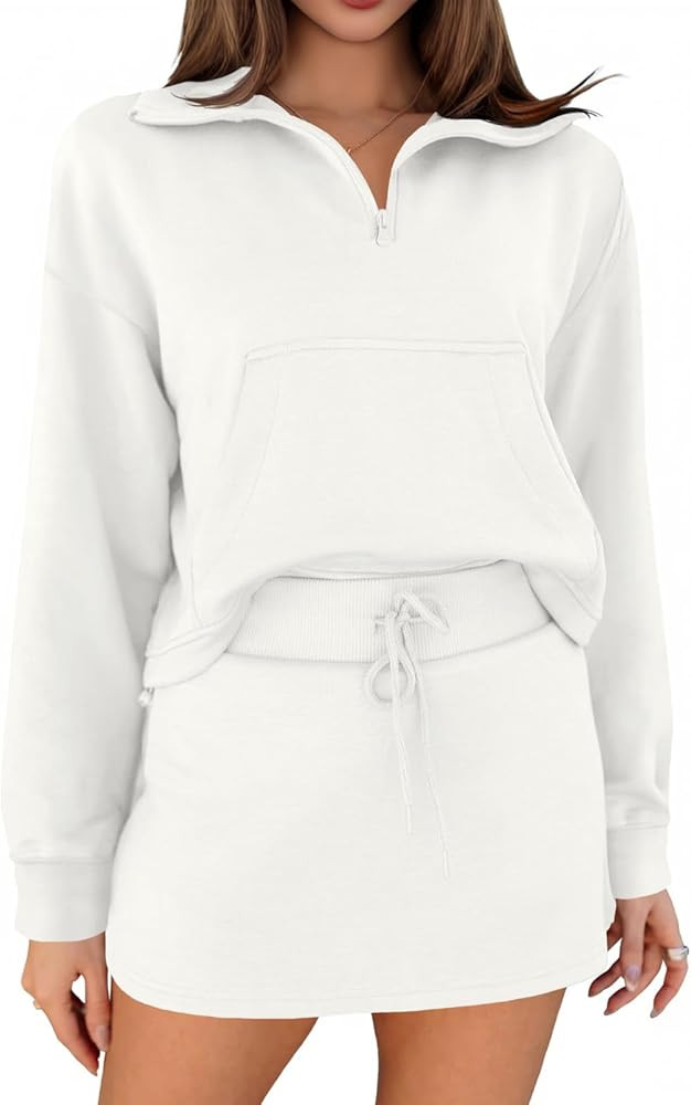 Fisoew Womens Sweatsuits 2 Piece Outfits Quarter Zip Cropped Sweatshirts Casual Mini Skorts Loung... | Amazon (US)