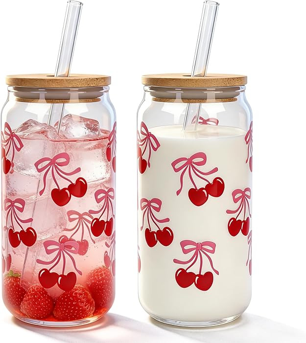 Mason Life Cherries Bows Glass Cups with Lids and Straws, 18OZ Cherry Decor Iced Coffee Cups with... | Amazon (CA)