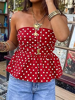 Tankaneo Womens Strapless Polka Dot Tube Tops Cute Backless Peplumn Ruffle Hem Bandeau Top Slim F... | Amazon (US)