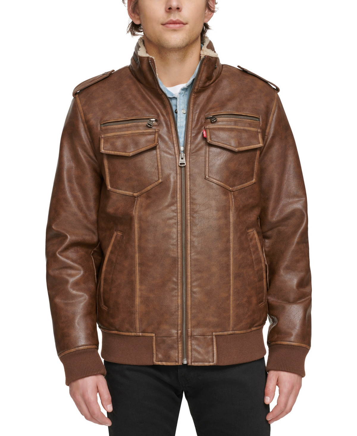 Levi's Men's Sherpa Lined Faux Leather Aviator Bomber - Saddle | Macy's