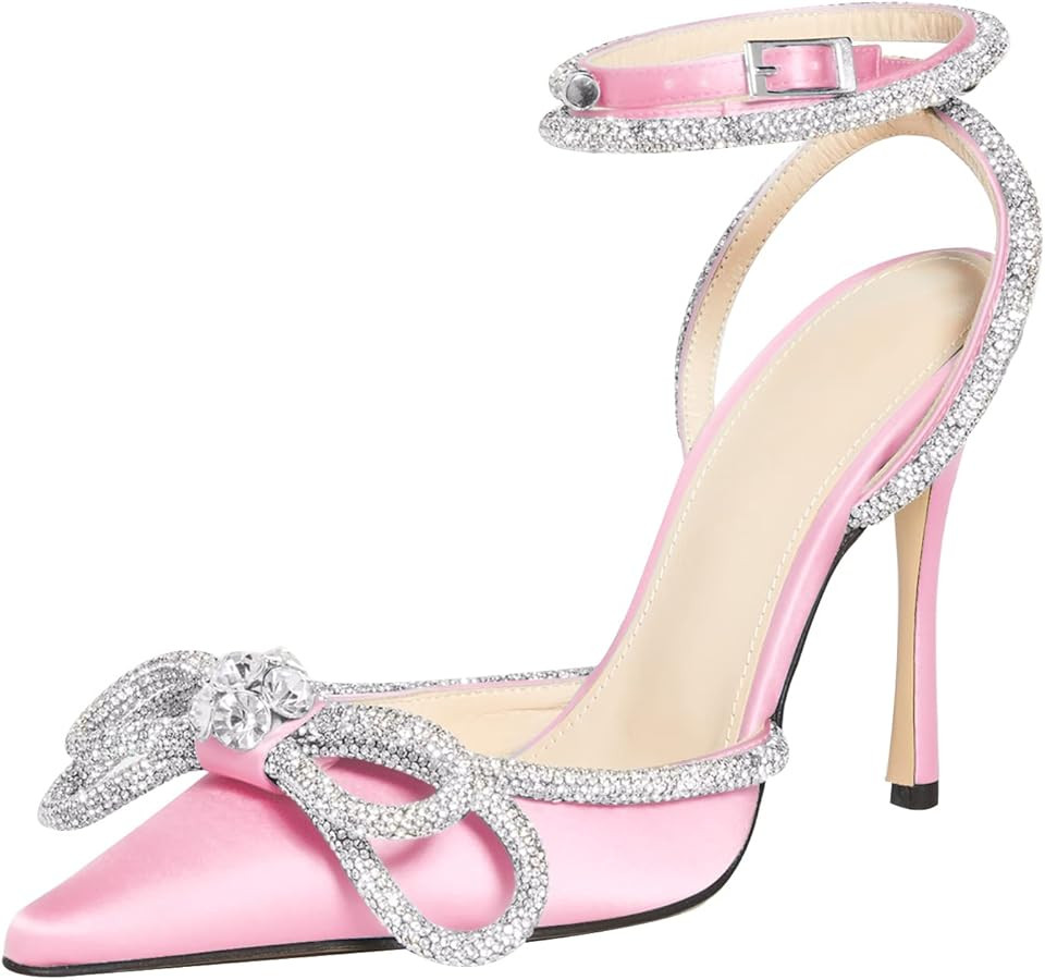 MIRAAZZURRA Women High Heeled Sandals Satin Sparkly Rhinestone Double Bow Sandals Pointy Toe Stil... | Amazon (US)