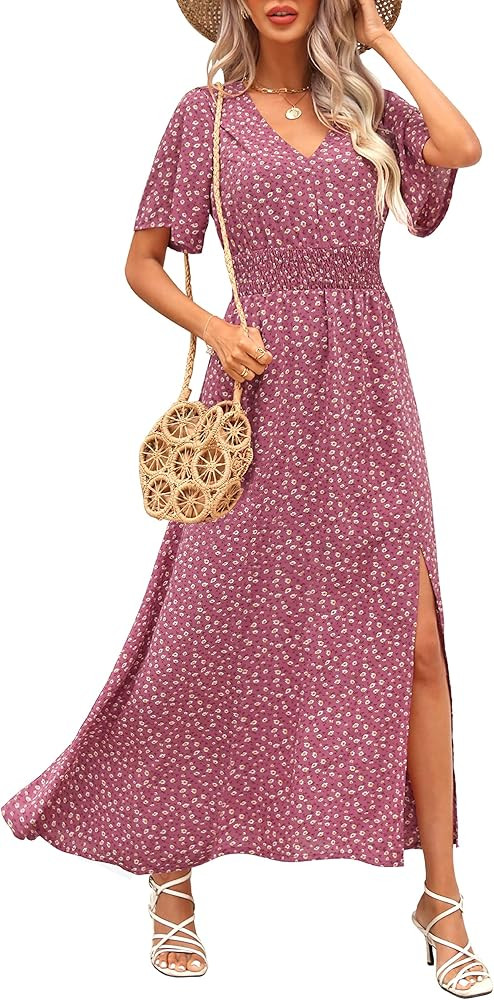 Kranda Women 2023 Summer Deep V Neck High Waist Short Sleeve Casual Long Boho Floral Swing Flowy ... | Amazon (US)