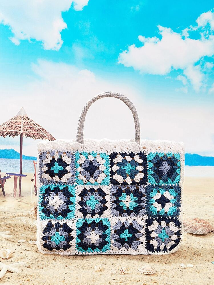 Colorblock Floral Pattern Crochet Bag | SHEIN