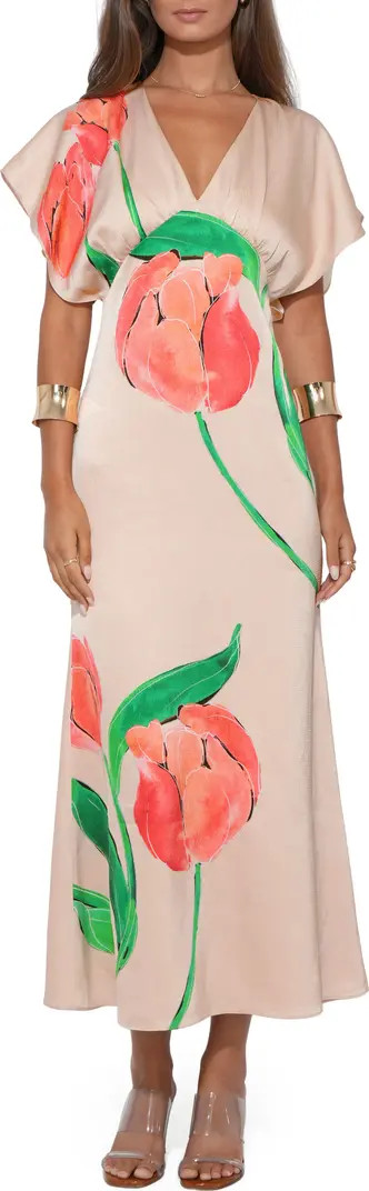 Madelyn Floral Flutter Sleeve Satin Maxi Dress | Nordstrom