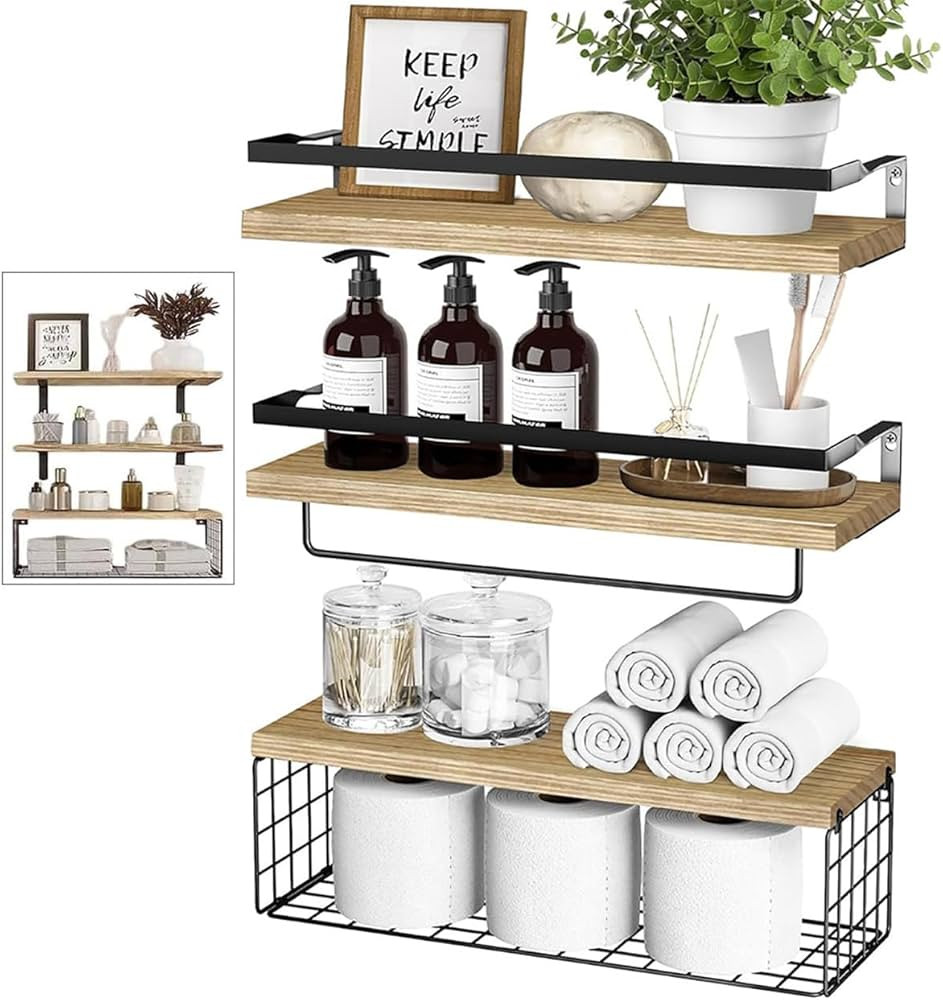 Towel Racks for Bathroom Wall Mounted, 3PCS Floating Shelves with Storage Basket, Bathroom Organi... | Amazon (US)