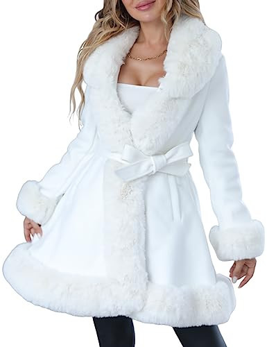 Bellivera Faux Fur Jacket Women Fur-lined Winter Thicken Parka Long Sleeve Coat with Belt 242A White XL | Amazon (US)
