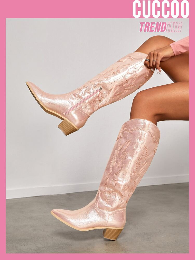 CUCCOO Trending Stitch Detail Point Toe Chunky Heeled Western Boots | SHEIN