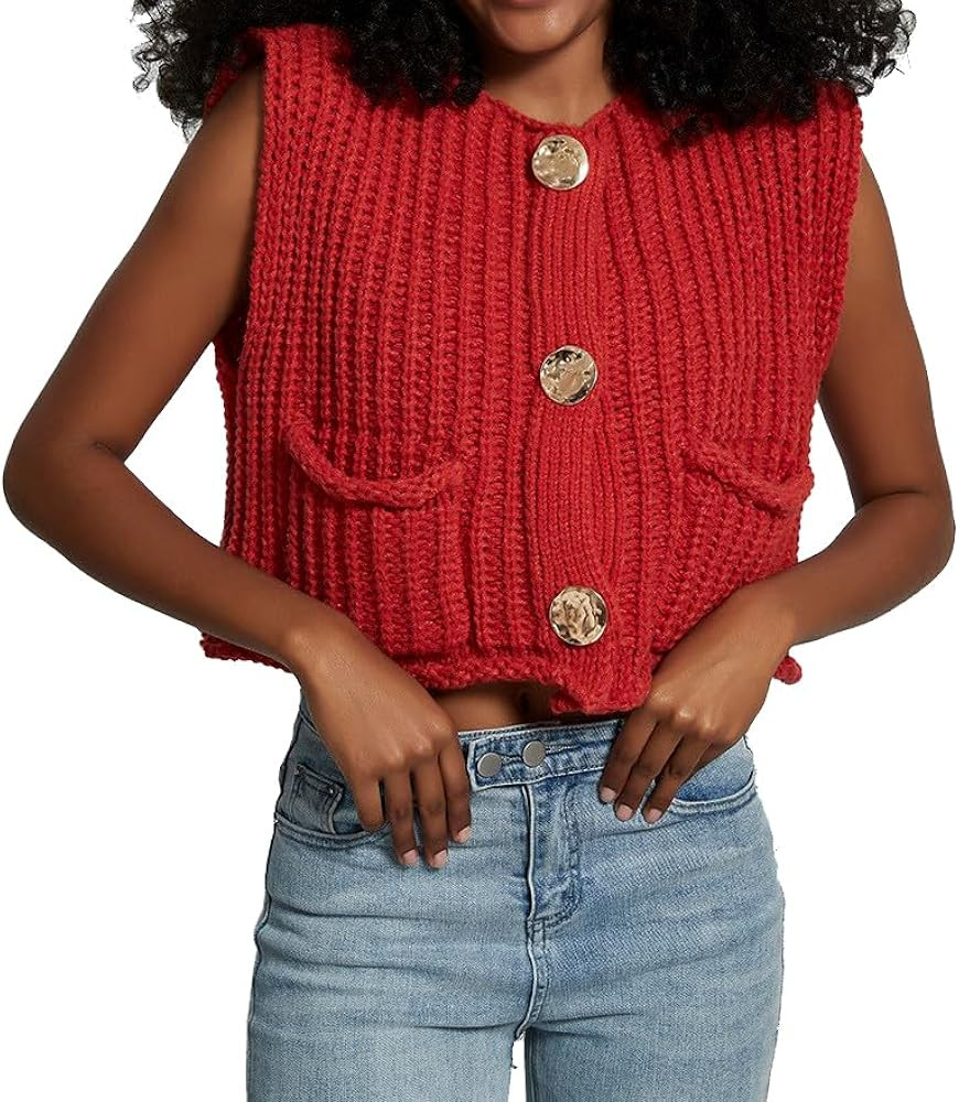 Women's Sleeveless Crochet Cardigan Vest Casual Fashion Button Down Open Front Sweater Vest with ... | Amazon (US)