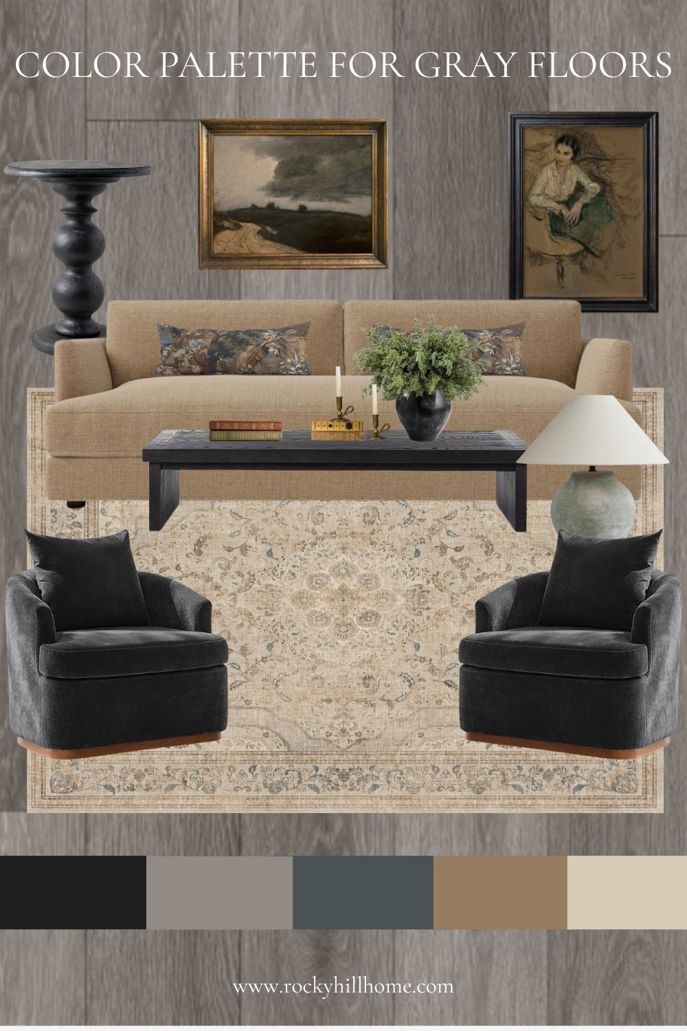 Room design and color scheme for a living room with gray floors. Featuring a warm light camel sofa from West Elm, soft black swivel chairs, moody vintage art prints, a warm transitional rug and black accent tables 

#LTKSaleAlert #LTKHome