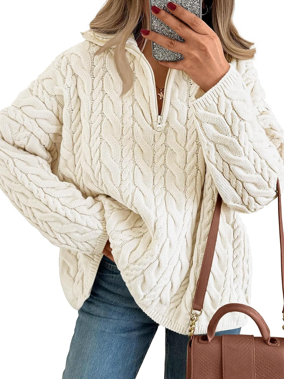 Trendy Queen Women Oversized Chunky Cable Knit Quarter Zip Pullover Sweater | Amazon (US)