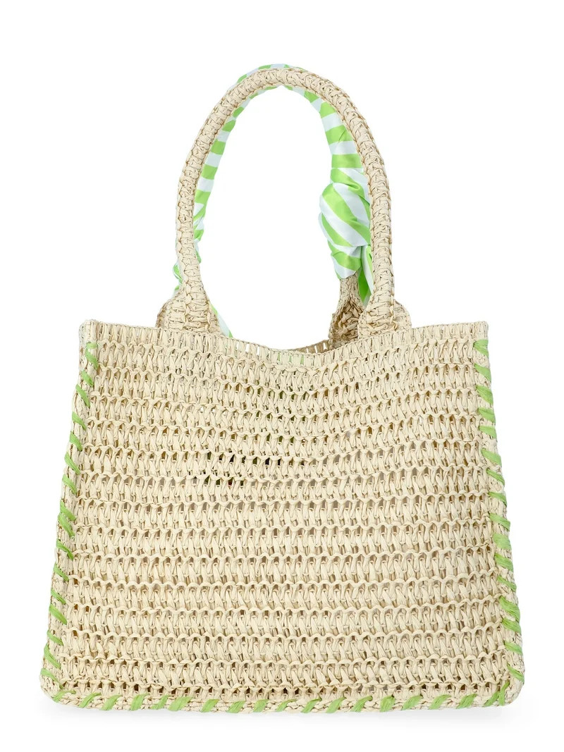 No Boundaries Women's Beach Icons Mini Straw Tote Bag, Natural with Strawberry Embroidery | Walmart (US)