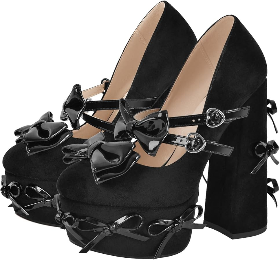 Women's Mary Jane Chunky Heel Pumps Shoes Bowknots Platform High Heels | Amazon (US)