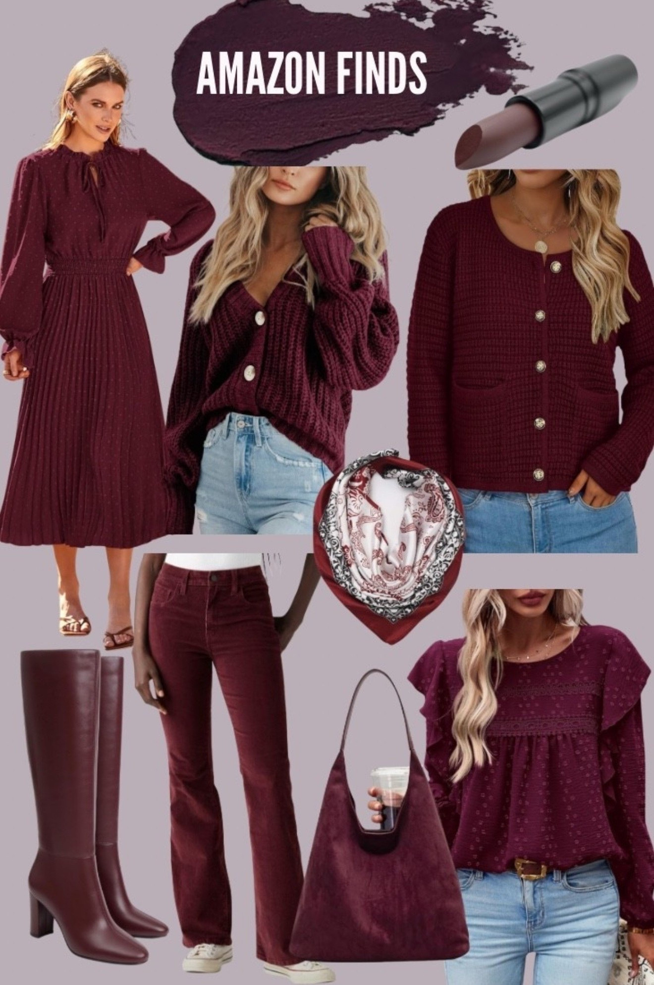 Burgundy never goes out of style.
These Amazon finds are the perfect mix of cozy, chic, and classy - from rich knits to luxe boots and the perfect lipstick. Great color for fall! 



#LTKCyberWeek 
Maroon fashion, amazon fall outfit, burgundy outfit idea, burgundy outfits, amazon finds fall, fall fashion amazon 2026, amazon sweaters, amazon boots, wine color outfit, fall chic outfit, amazon women's fashion, deep wine, burgundy tones, fall outfits, boots, #AmazonFinds #FallFashion #BurgundyOutfit #AmazonStyle #LTKFallFashion #AmazonOOTD #NeutralStyle 

#LTKItBag #LTKShoeCrush

#LTKFindsUnder50 #LTKFindsUnder100 #LTKHoliday#LTKValentine

#LTKSeasonal #LTKWorkwear #LTKootd