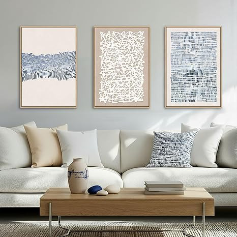 SAFERRYHOME Blue Neutral Contrast Abstract Boho Wall Art Framed Canvas Print Set, Mid Century Mod... | Amazon (US)