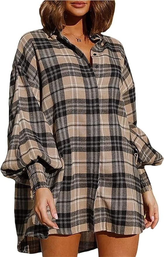 Women’s Flannel Dress Long Lantern Sleeve Button Down Casual Plaid Shirt Dress Oversized Blouse... | Amazon (US)