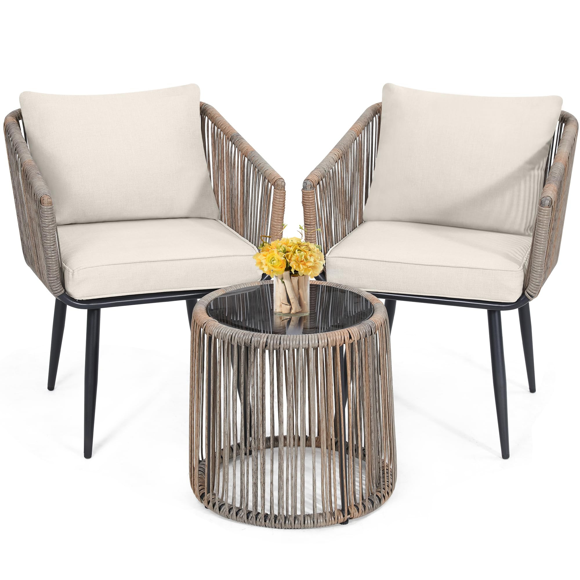 Kromax 3 Piece Patio Rattan Bistro Conversation Set, Outdoor All Weather Wicker Furniture Chairs ... | Amazon (US)