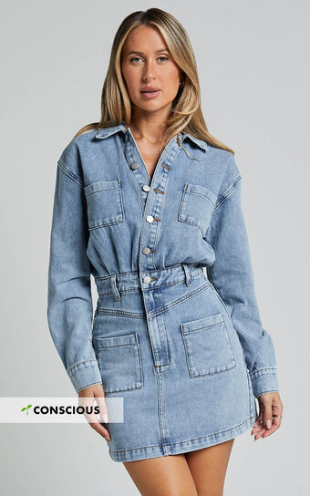 Kamala Mini Dress - Long Sleeve Button Through Denim Dress in Light Blue Wash | Showpo (US, UK & Europe)