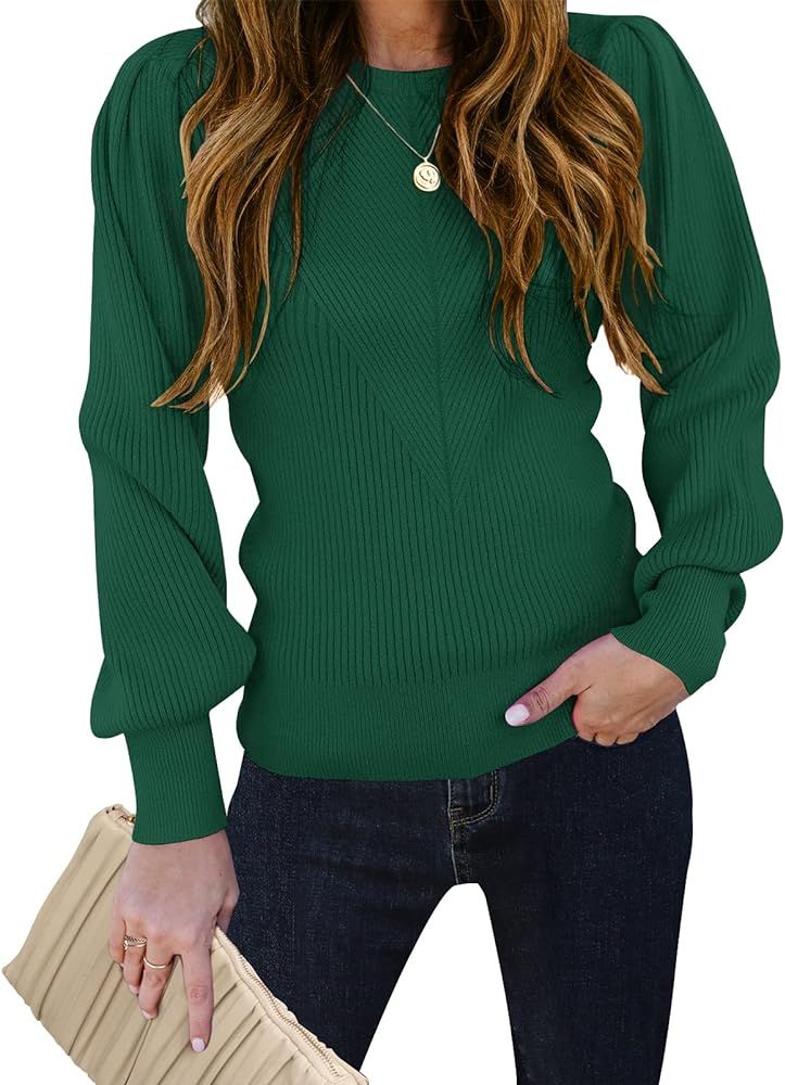 TECREW Women's Puff Sleeve Crew Neck Pullover Sweater Casual Cozy Knit Slim Jumper Tops | Amazon (US)