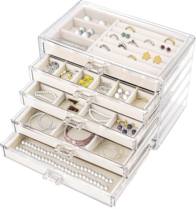 Hmdivor Acrylic Jewelry Organizer with 5 Drawers, Jewelry Organizer Drawer with Velvet Trays, Ear... | Amazon (US)
