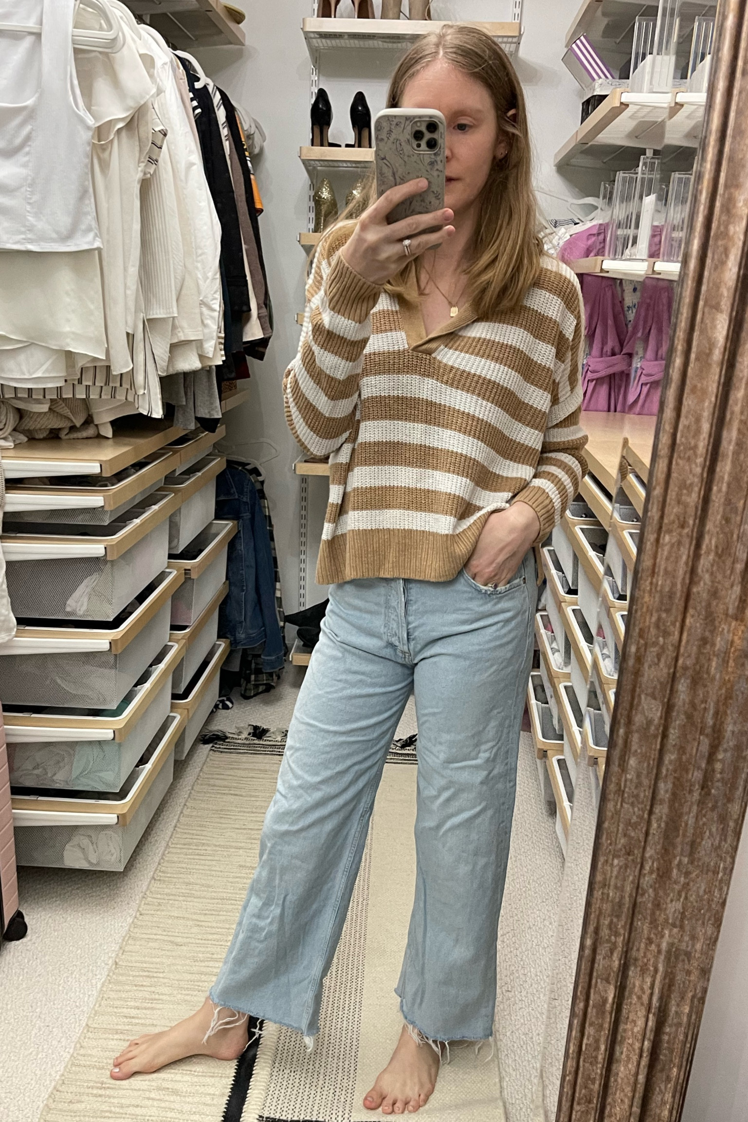 Outfit of the day

Bold stripes enhance the sporty look of a shaker-stitch polo sweater knit from linen and organic-cotton yarns.

Linen & Organic Cotton Polo Sweater

64% linen, 36% organic cotton

AGOLDE Ren High Waist Wide Leg Pants

Light-wash, nonstretch denim and an on-trend cut make these wide-leg, high-waist jeans a great choice for warmer weather.
75% recycled cotton, 25% recycled lyocell

Spring outfit
Light wash jeans
Wide leg jeans
Striped sweater
Organic sweater
OOTD