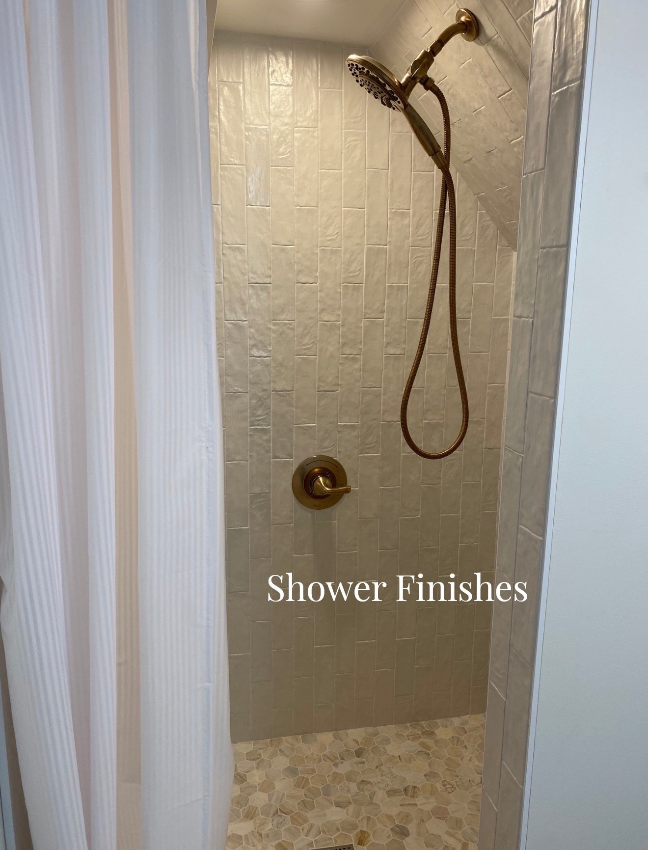 Shower inspo. Hex floor tile and gold finish shower head. Perfect for a neutral bathroom design. 

#shower #showerideas #showerinspo #showerupdate #showerremodel #showerfinishes #homedesign #homestyling

#LTKmorningroutine #LTKselfcare