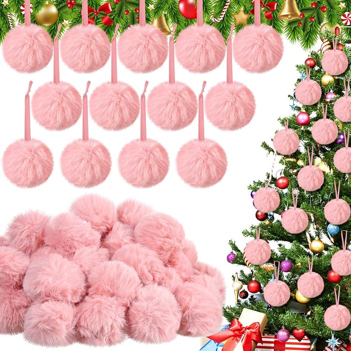 WILLBOND 60 Pcs Pink Furry Christmas Ornaments 2 Inch Pom Pom Ball Hanging Decoration Pink Fuzzy ... | Amazon (US)
