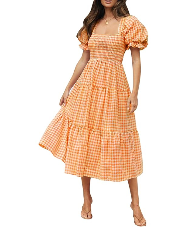 ZESICA Women's 2026 Bohemian Summer Plaid Square Neck Puff Sleeve Ruffle Flowy Beach Midi Dress | Amazon (US)