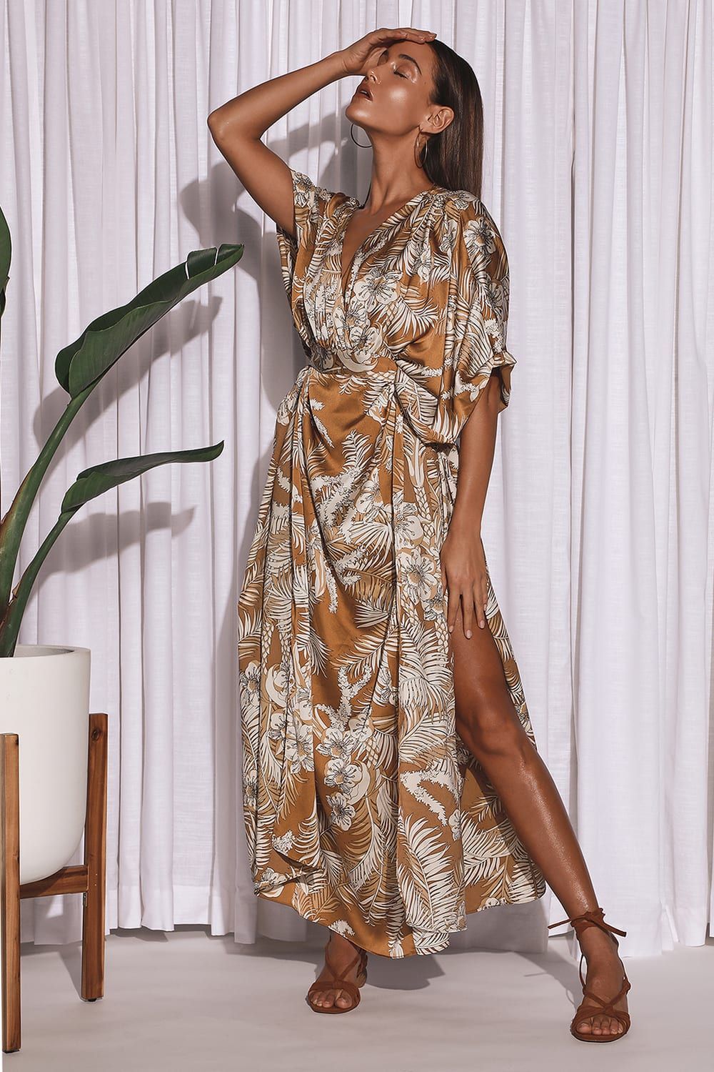 Take A Holiday Tan Tropical Print Maxi Dress | Lulus (US)