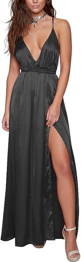 Women's Satin Formal Dress Sexy V Neck Backless Split Long Maxi Cocktail Party Wedding Guest Dres... | Amazon (US)