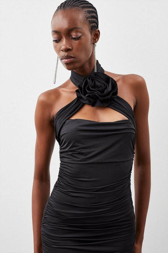 Jersey Rosette Ruched Midi Dress | Karen Millen US