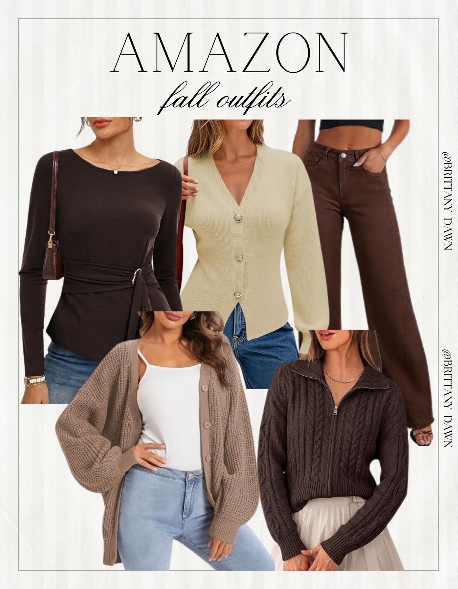 Cozy meets chic with these gorgeous fall wardrobe staples! 🍂 

From belted tops and classic cardigans to deep chocolate wide-leg denim, these pieces make fall layering so easy.

I love mixing rich brown tones with soft cream knits for the ultimate autumn aesthetic! ☕ 

#amazonfashion #falloutfits #fallfashion #knitwear #widelegjeans #fallstyle #ltkfall #casualoutfits

#LTKootd #LTKSeasonal