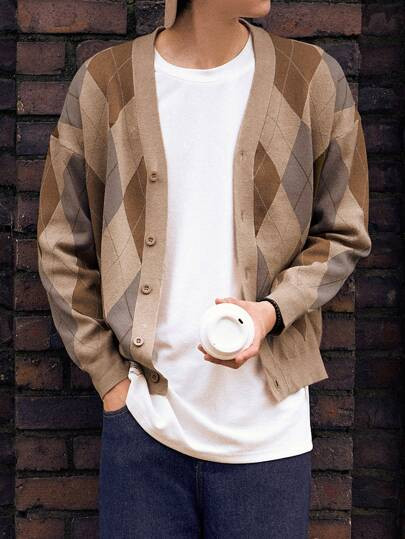 SHEIN Men Argyle Pattern Drop Shoulder Cardigan
   
      SKU: sm2205258520381892
          
    ... | SHEIN